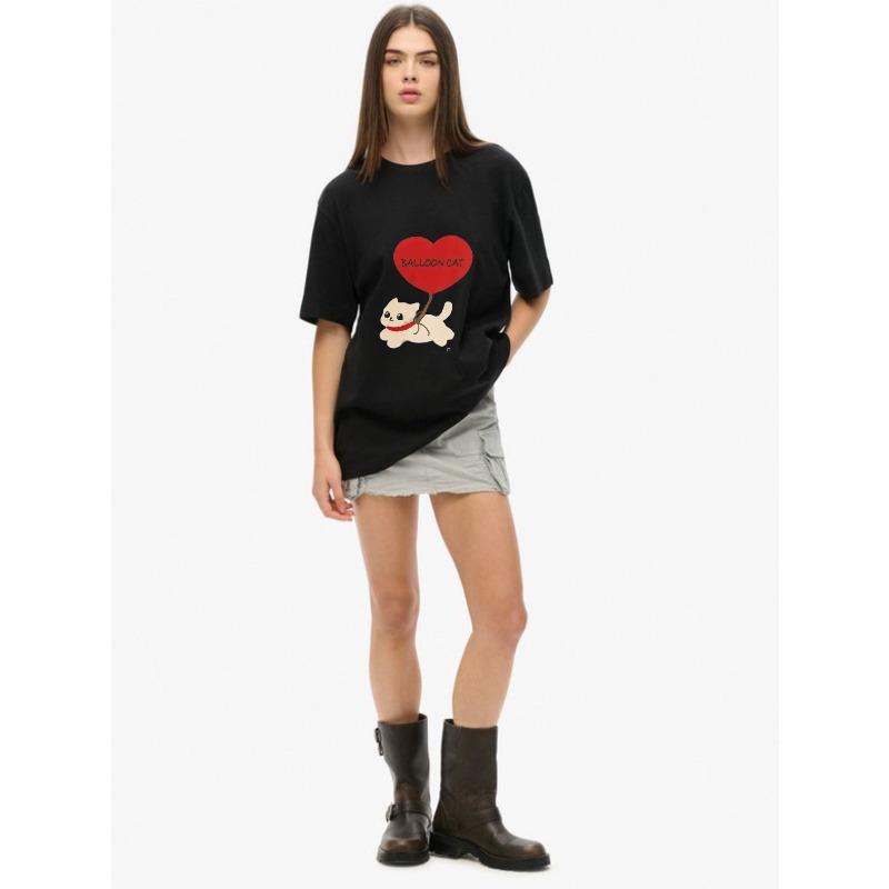Oversize Women's Short-Sleeve T-Shirt with Cute "BALLOON CAT" Heart Balloon Cat Print