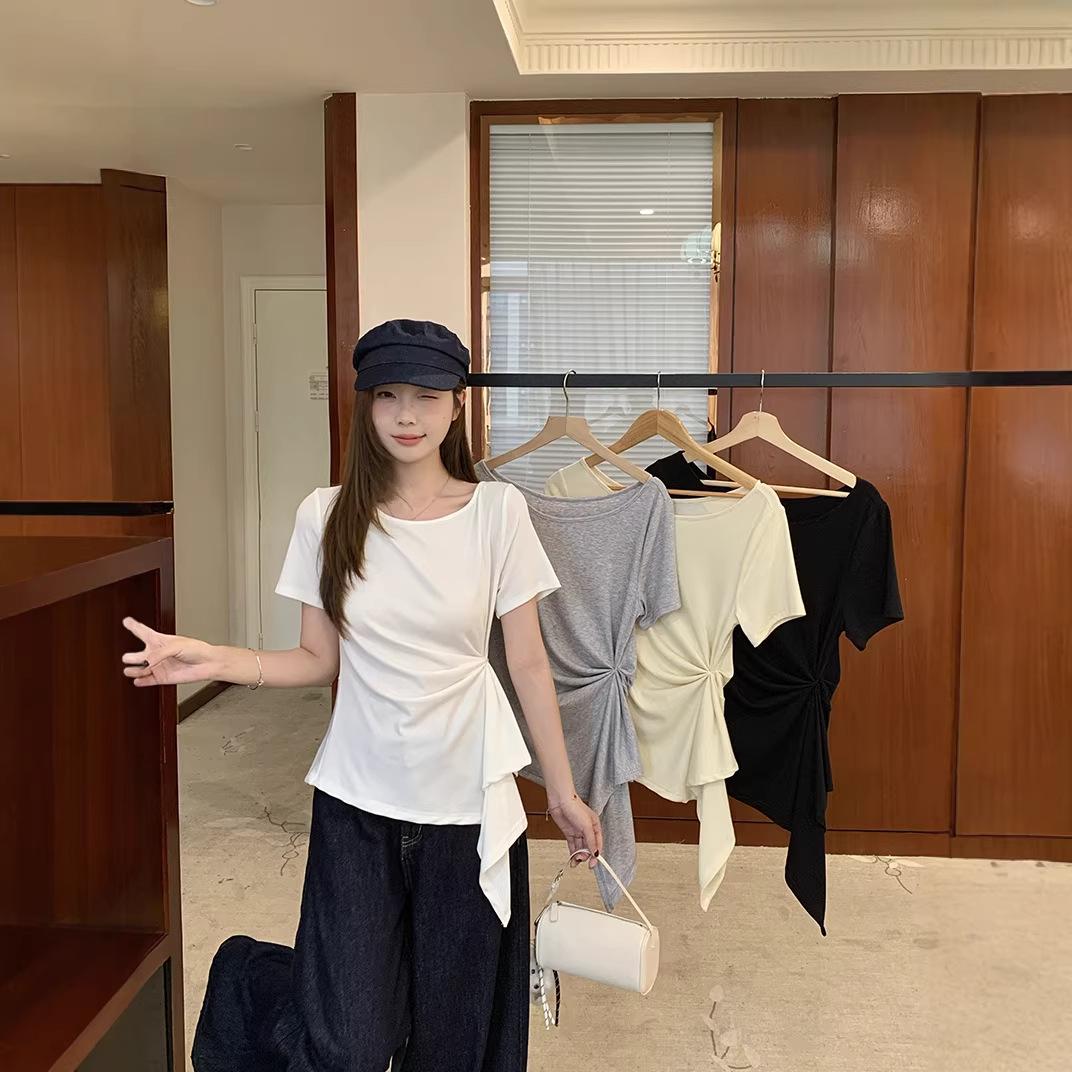 2026 Summer Plus Size Women s Korean Ruffle Waist Short Sleeve T-Shirt XXL