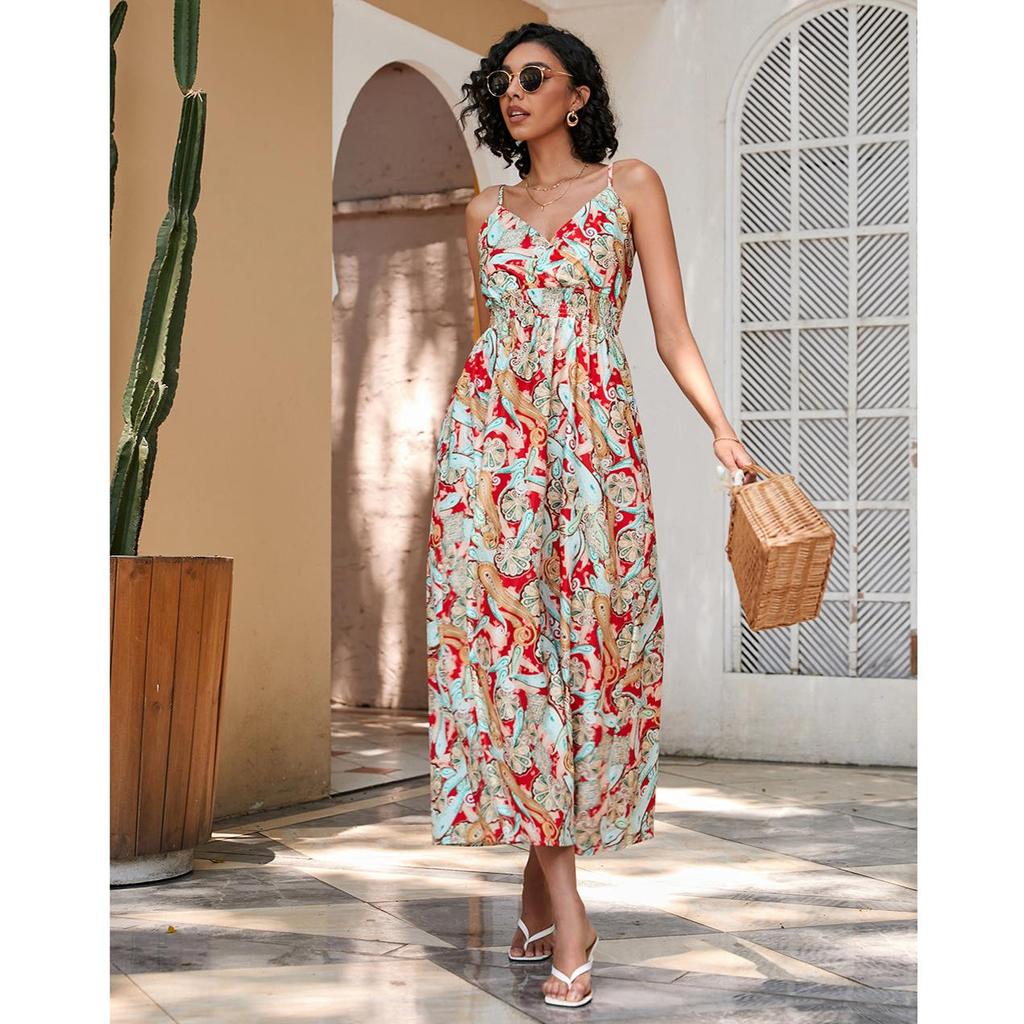 Ladies Summer Vintage Printed V Neck Spaghetti Strap Sleeveless Casual Midi Dress