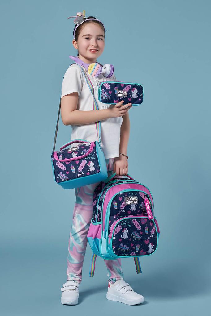 coral high Kids Navy Blue Pink Cat Skate Pattern 3-Piece School Bag Set SET0123658