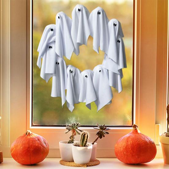 Halloween Ghost Wreath 12 Small White Cloth Ghost Garland for Front Door Wall Indoor Outdoor Hanging Decoration