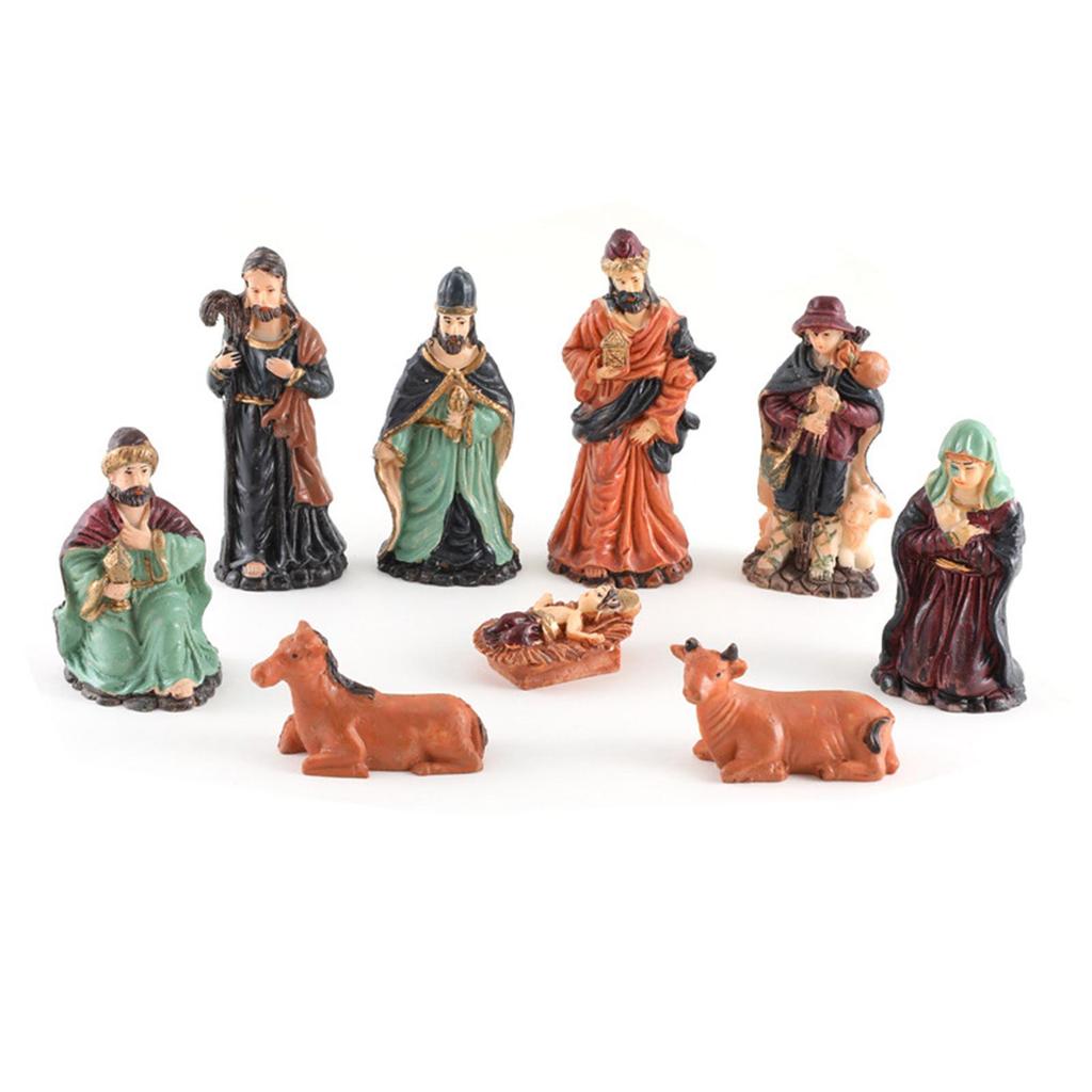 9Pcs Religious Christmas Nativity Scene Crafts Handmade Holiday Season Decor Colourful Xmas Sculpture Ornament Resin Decoration