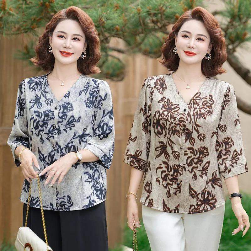 Temperament Middle-aged and Elderly Summer Floral Tops Fashionable Three-quarter Sleeve Cardigans Versatile