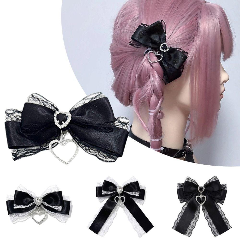 1/2Pc Heart Pendant Lace Bow Hair Clips Y2k Style Ponytail Hairpins Kawaii Gothic Hair Clips Anime
