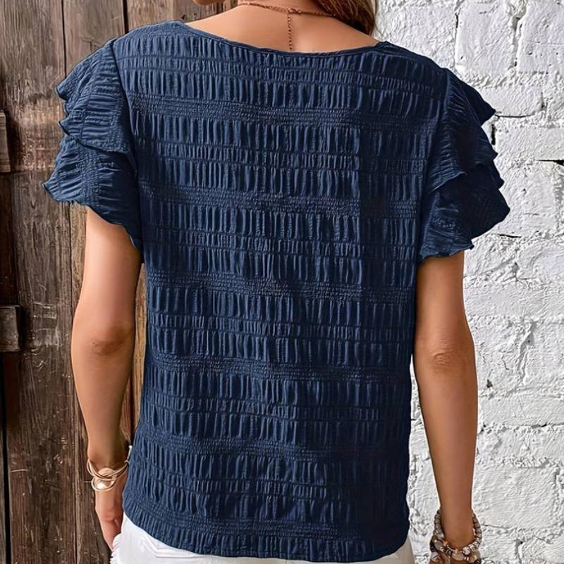 Letní Nové Tričko s Kulatým Výstřihem a Volánovými Rukávy Casual Top pro Ženy Módní Elegantní Vintage Plisované Dámské Volné Halenky Dovolená Slim Dámská Košile 26487