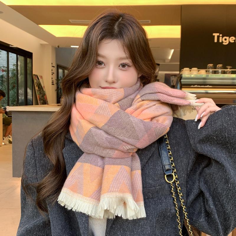 New Autumn and Winter Imitation Cashmere Colorful Wavy Plaid Scarf for Women Korean Version Sweet Warm Windproof Thick Scarf