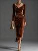 2025 Women's Casual Golden Velvet Slim Fit Long Sleeve Pleated Split Dress