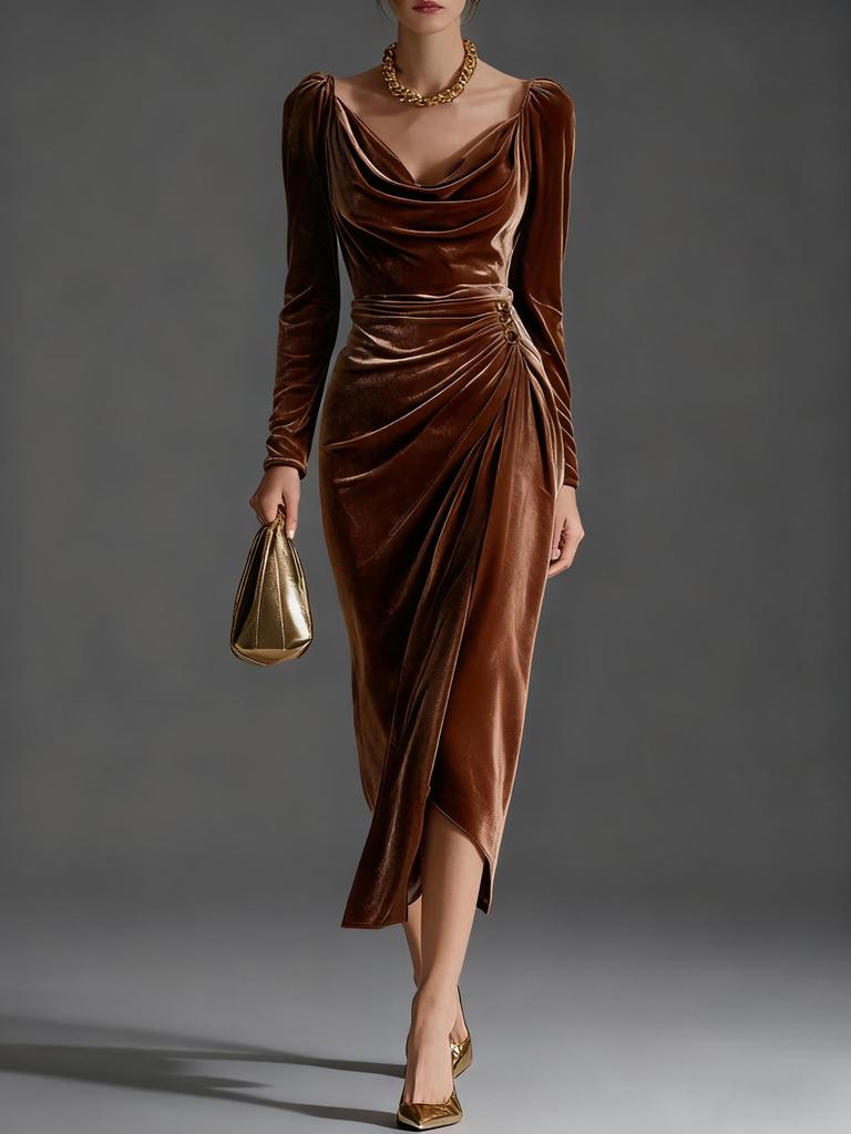 2025 Women's Casual Golden Velvet Slim Fit Long Sleeve Pleated Split Dress