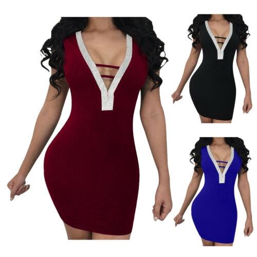 Deep Sexy Women V Rhinestone Backless Mini Dress Bodycon Sleeveless Dress Party