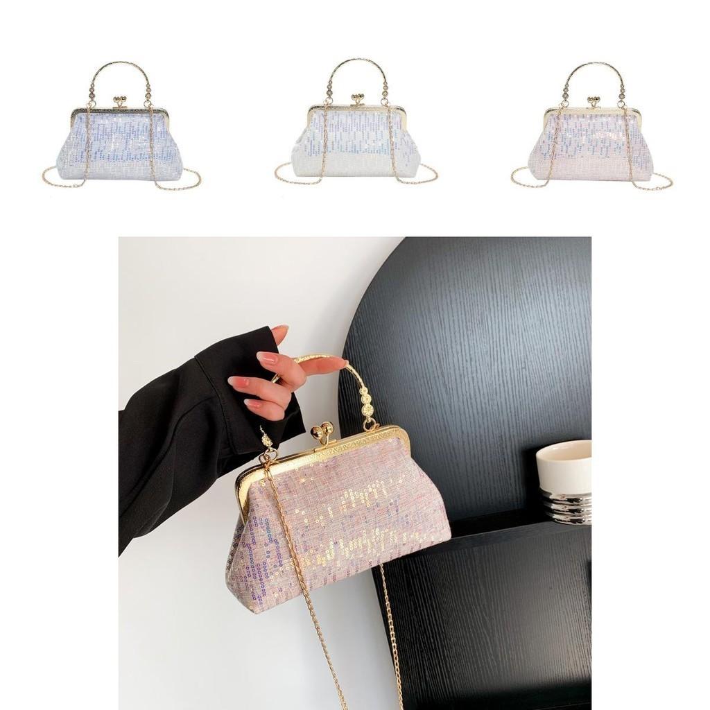 Stylish 2023 Spring New Korean Vintage Sequin Evening Handbag In Pink Purple White