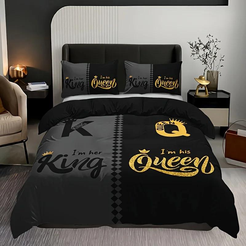 Schwarz & Grau Kronen Schriftzug Bettbezug Set Hochauflösender Druck Für Heim- & Wohnheimdeko, Bettdecke Nicht Enthalten