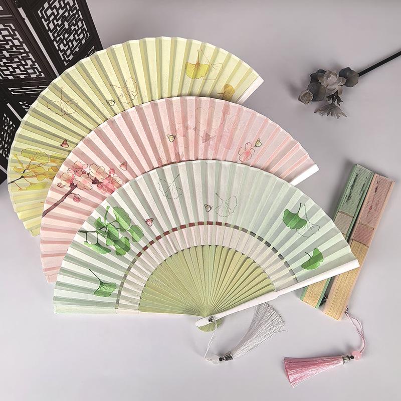 Green Summer Portable Folding Fan: Double Section Qipao Hanfu Chinese Style for Women