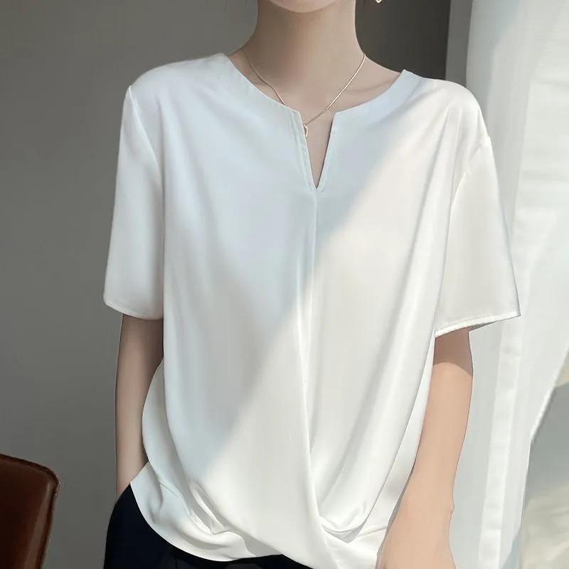 

Women Summer White Satin Split Neck Twist Hem T Shirt M