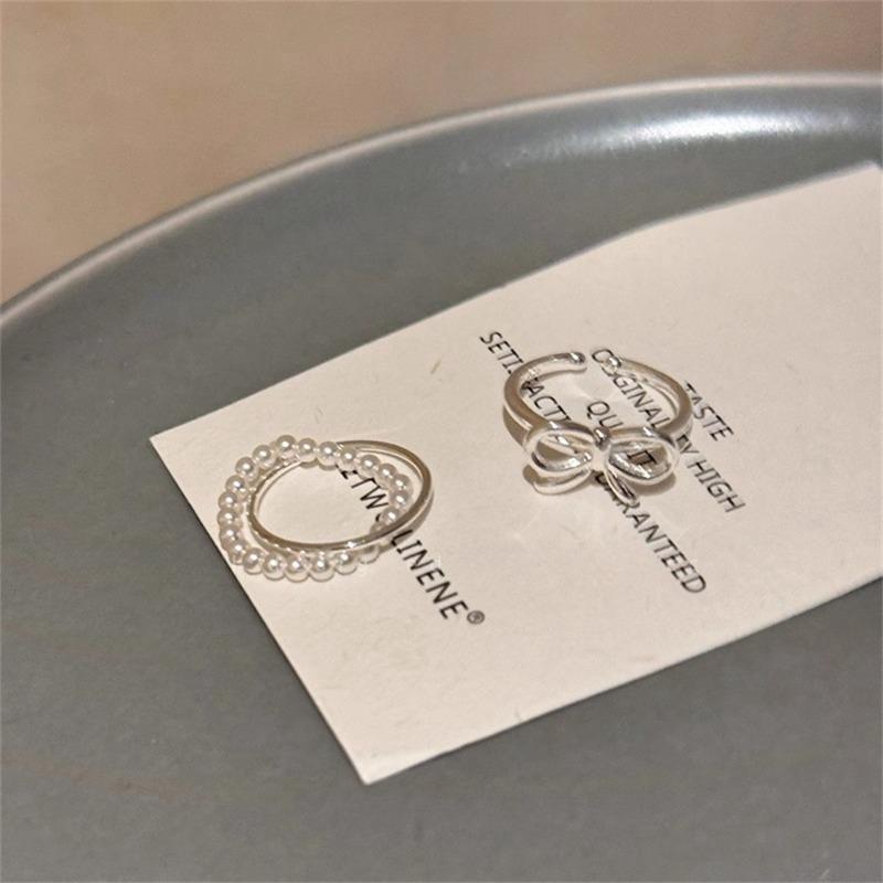 Korean Silver Color Pearl Bowknot Rings for Women Minimalist Elastic Bead Ring Wedding Aesthetic Jewelry
