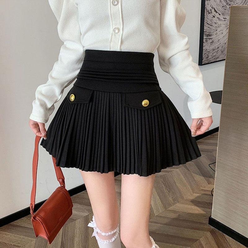 Autumn Winter Pleated A-Line Skirts High Waist Elegant Women's Clothing Korean Fashion Spliced Basic Solid Color Mini Skirts New