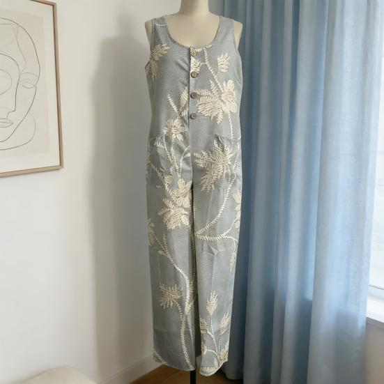 Women's Floral Printed Wide Leg Jumpsuit Sleeveless Button Front Romper Summer Casual Loose Overall with Pockets