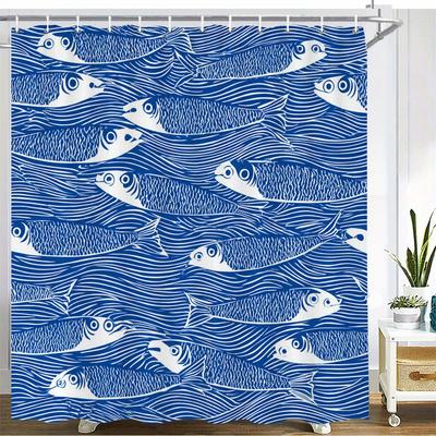 Fish Pattern Shower Curtain – White Stylized Fish With Wavy Lines On Deep Blue Background, 12 Hooks, 70.87×70.87 Inch