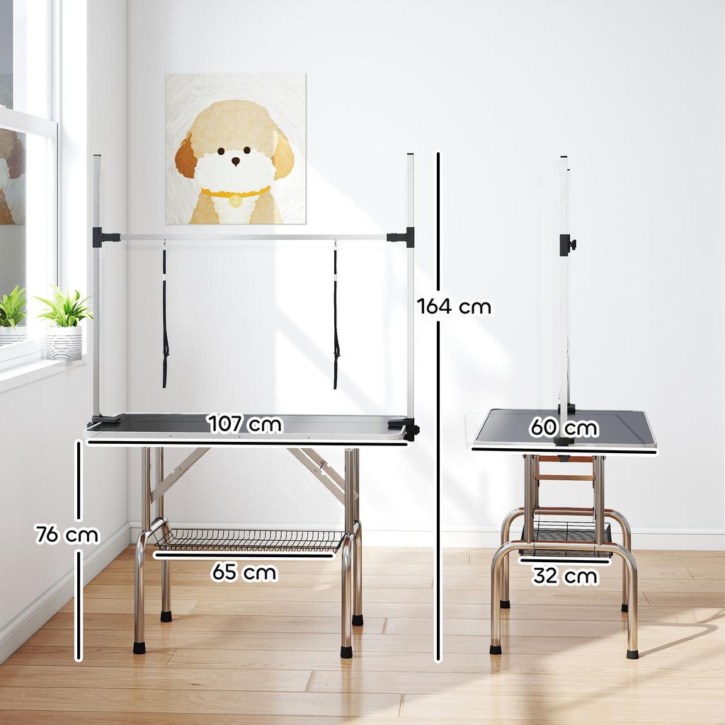 42" Dog Grooming Table, Adjustable Pet Cat Drying Beauty Table with 2 Loops Storage Basket, Rubber Top, Black