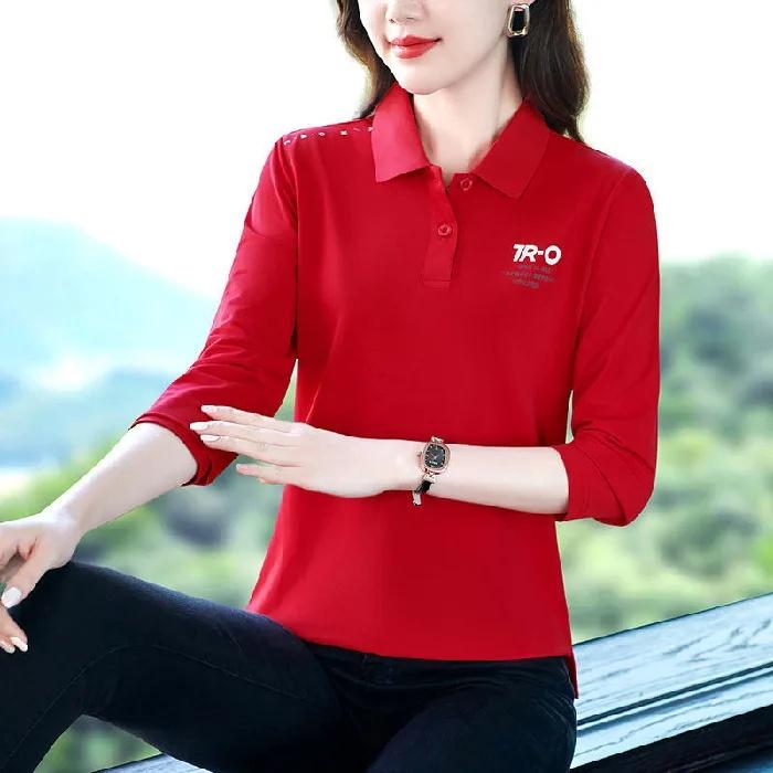 Spring Autumn Long Sleeve Printed T-Shirt Women Thin Casual Loose Slimming Belly Covering Turn-down Collar Top