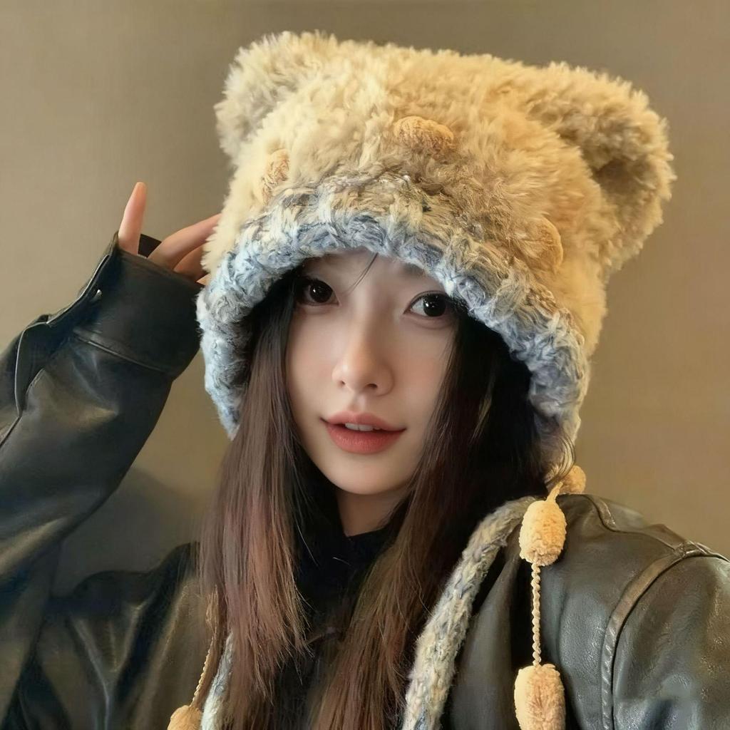 Dámská plyšová čepice s medvědími ušima - Hřejivá a všestranná pletená zimní čepice 2025 s teplou ochranou uší