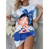 Blue girl patterned floral round-neck short-sleeved dress with hand symbol design
