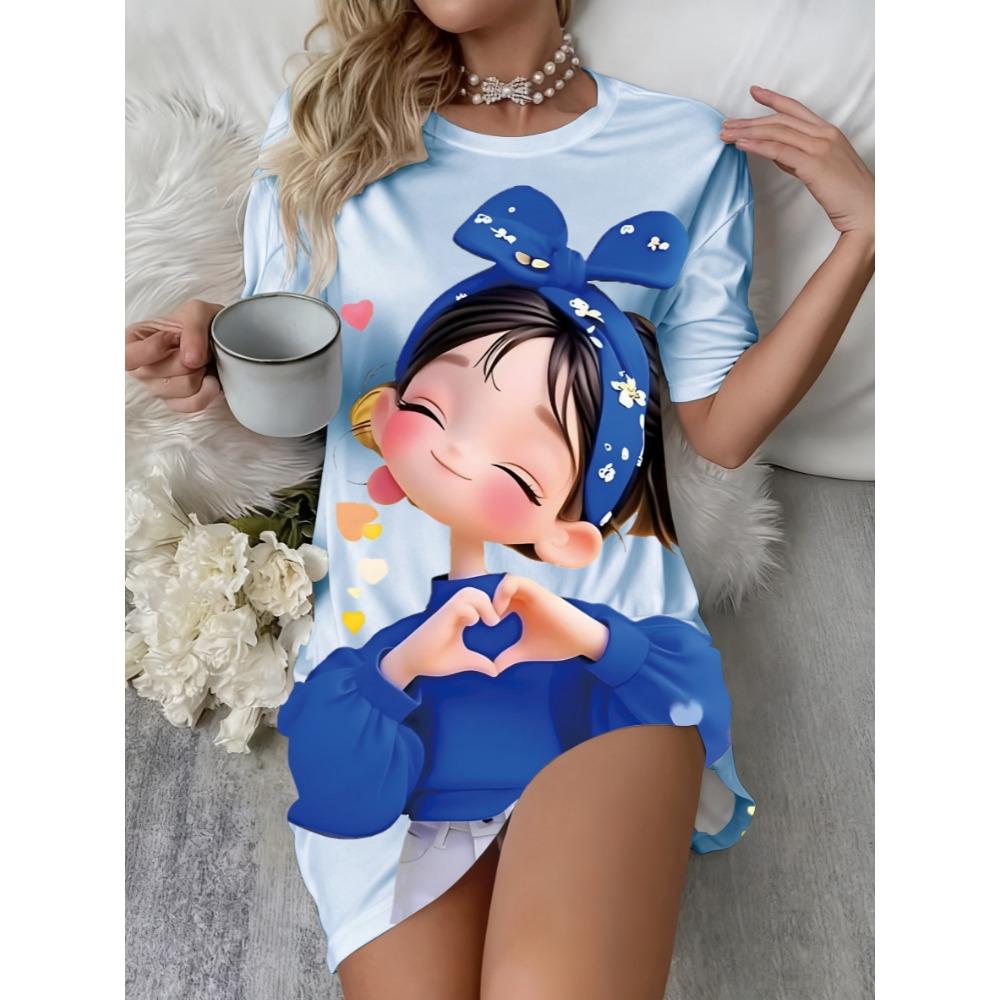 Blue girl patterned floral round-neck short-sleeved dress with hand symbol design