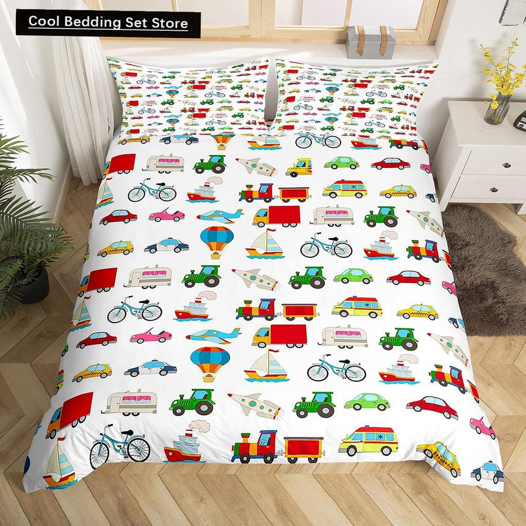 Gelbes Taxi Auto King Queen Bettbezug Jungen Cartoon Transport Bettwäscheset Rosa Stadtlandschaft Steppdeckenbezug Polyester Bettdeckenbezug