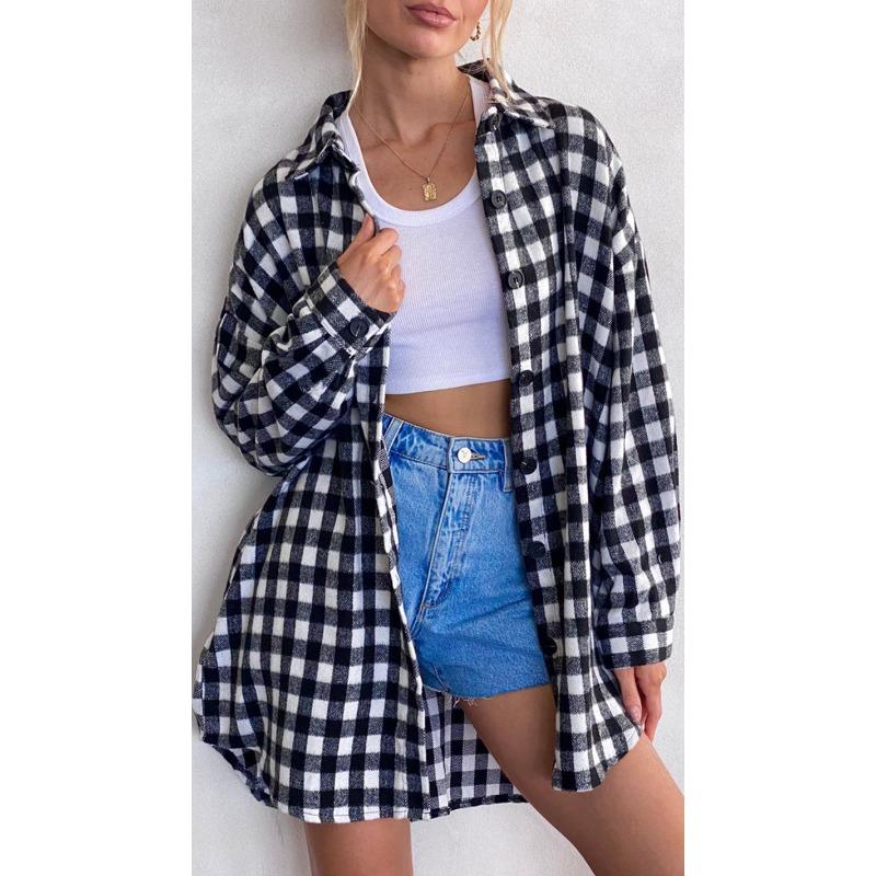 Frühling Herbst Damen Tops Plus Size Plaid Shirt Unregelmäßige Jacke