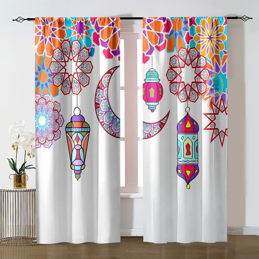 2pcs Colorful Moroccan Pattern Lantern & Crescent Curtains Perfect for Ramadan/Eid Window Decor Rod Pocket Curtains