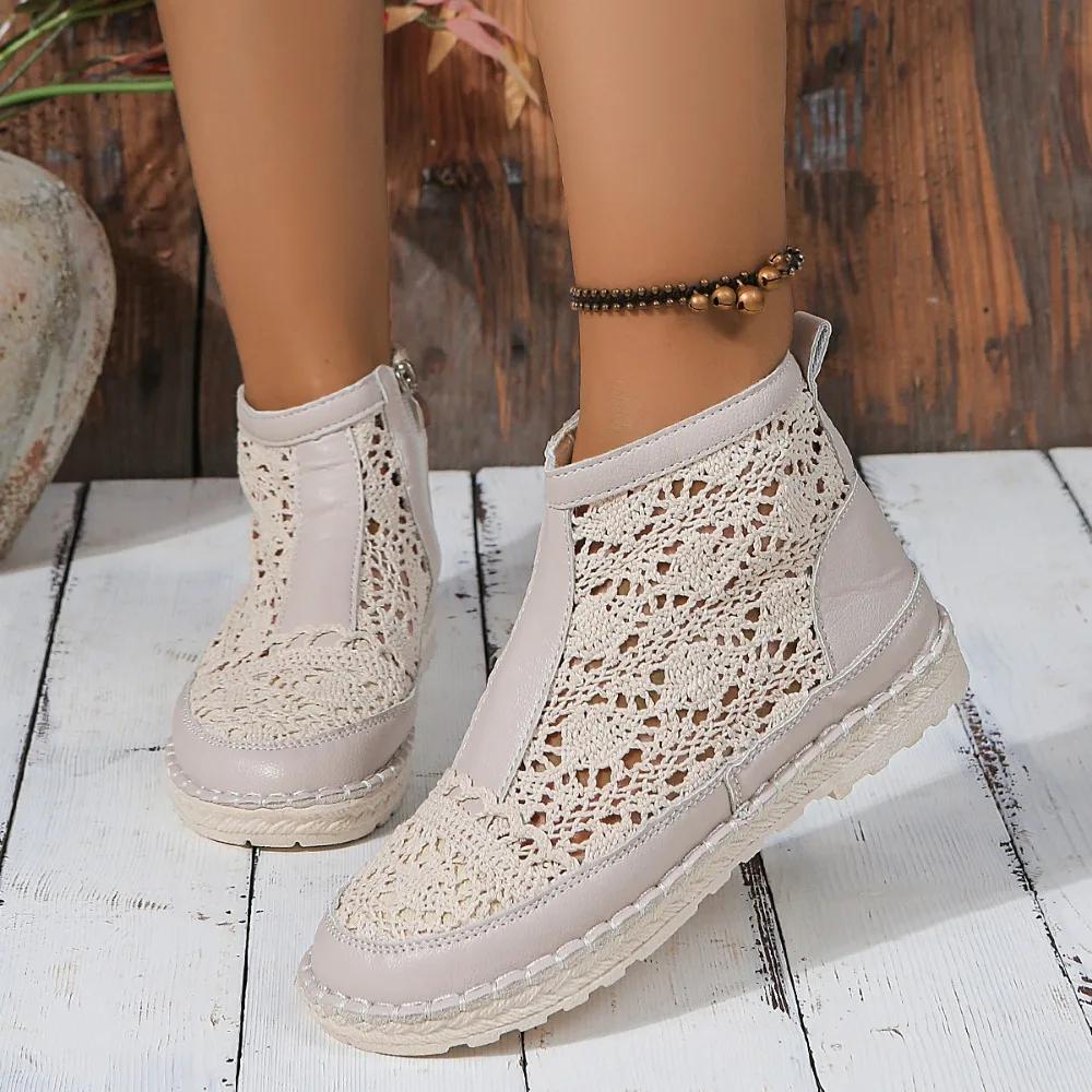 Mesh Cool Boots for Women 2024 New Summer Thin Breathable Women's Versatile Short Boots Zipper Mesh Hollow Open Boots