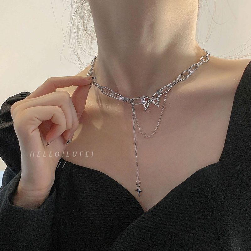 Korean version tide stacked butterfly necklace female niche design sense versatile personality Internet celebrity hip hop collarbone chain neck chain