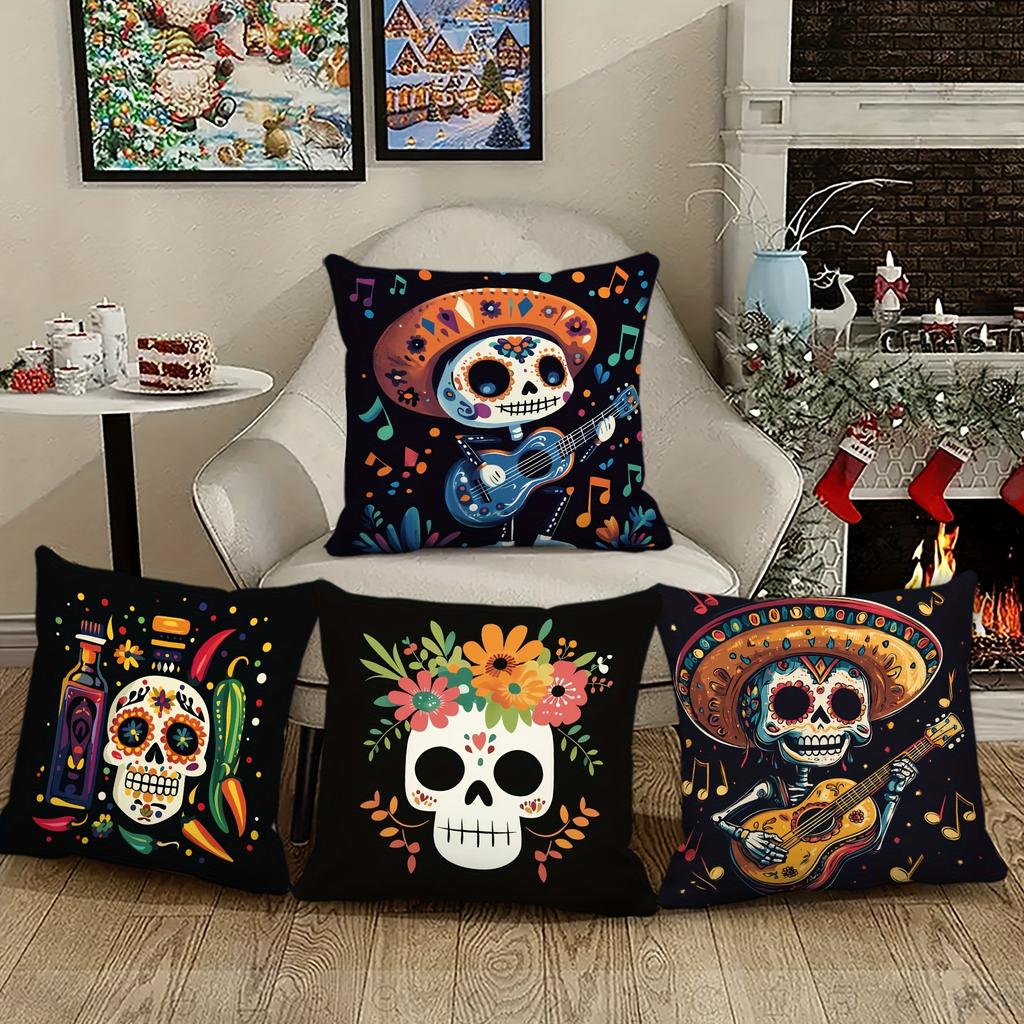 4 Stück Mexikanischer Tag der Toten Totenkopf Volkskunst Bunte Illustration Kissenbezüge, Festliche Dekorative Kissenbezüge für Zuhause