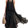 New European and American style black sleeveless irregular chiffon long dress temperament elegant dress women