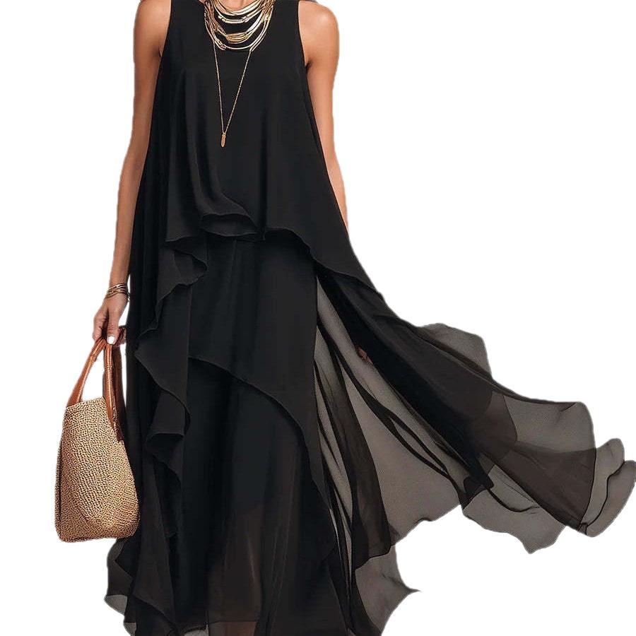 New European and American style black sleeveless irregular chiffon long dress temperament elegant dress women