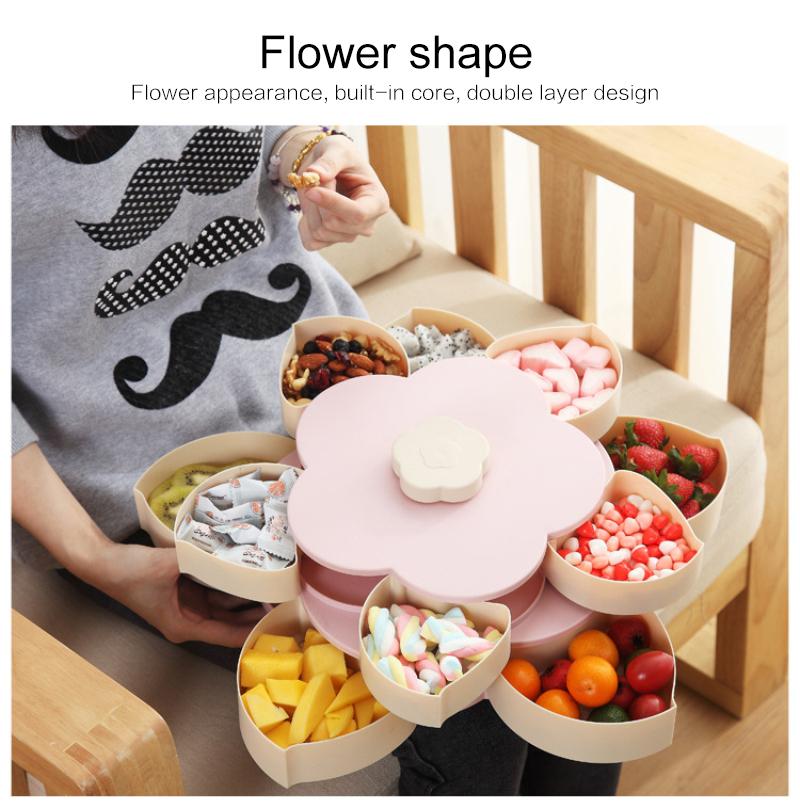 1/2layers Creative Flower Petal Shaped Fruit Plate Rotatable Food Candy Storage Box Nuts Snack Tray Snack Storage Organizer Box
