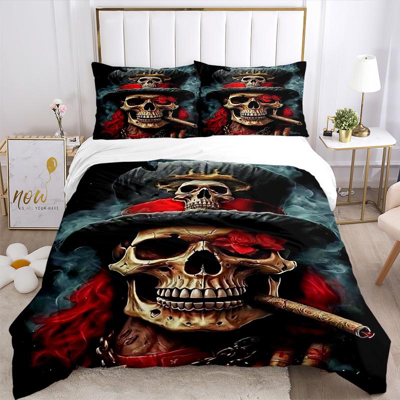 3pcs Skulls in Hats Quilt Cover Set - Soft and Cozy Bedroom, Guest Room and Dorm Decorative Bedding 3-Piece Set 1 Quilt Cover + 2 Pillow Shams.J0