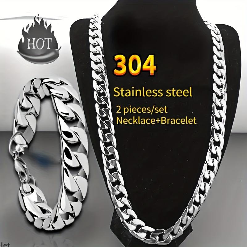 2pcs/set Stainless Steel Women Men's Necklace And Bangle Set, Hip Hop Punk Couple Chain