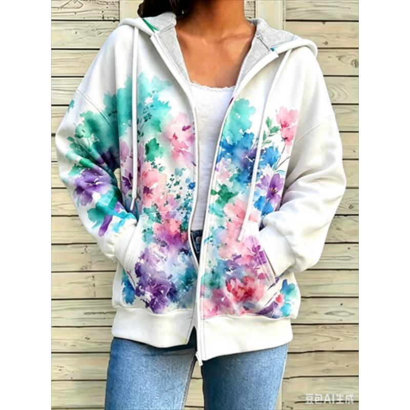 Zipper Splicing Fashion Loose Women's Casual Flower Print Hoodie Fashion Spring And Summer