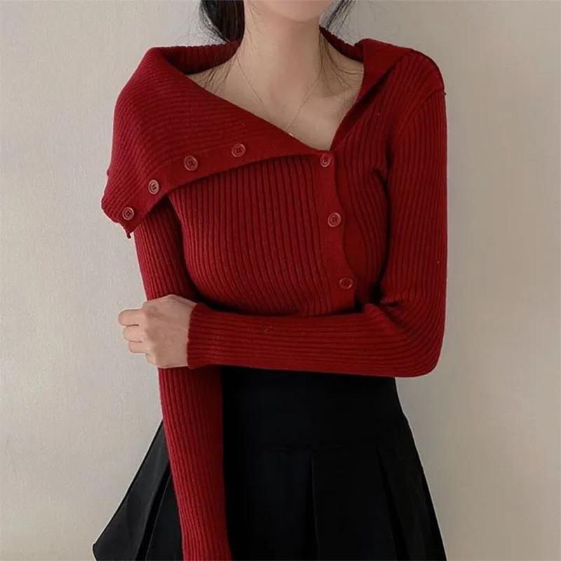 

Женский летний новый однотонный трикотажный топ с V-образным вырезом и длинными рукавами one size бордовый