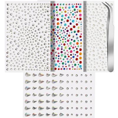 YUISI 5-Piece Face Gems Rhinestones Pearl Stickers Kit for Makeup with Tweezer, Self-Adhesive Glitter Face Jewels Hair Gems Sticker for Parties, We