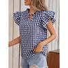 Blouse à imprimé carreaux d'été à volants double épaisseur pour femme, chemise douce et mignonne à col en V, hauts à manches courtes à carreaux pour femme, vêtements décontractés simples et amples