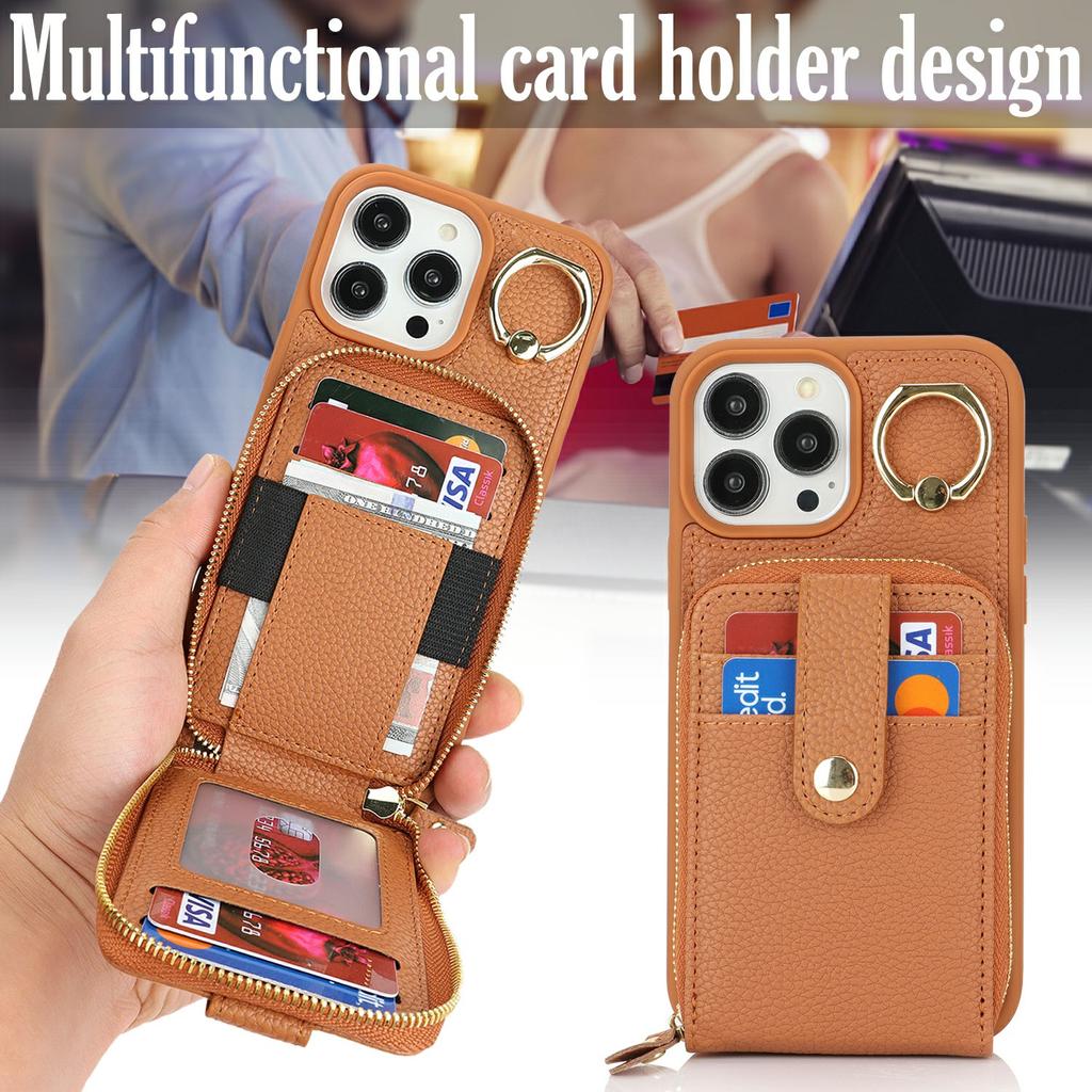 For iPhone 14 Pro Max Case with Zipper Pouch/Ring Kickstand/Strap Litchi Texture PU + TPU Phone Cover