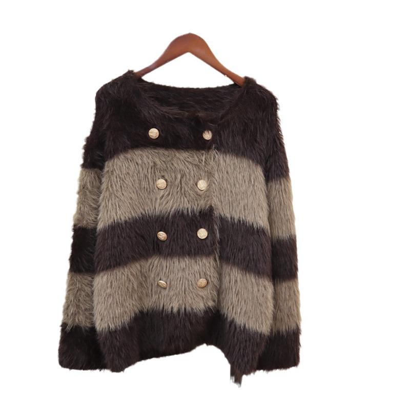 Thickened contrasting stripes imitation mink fleece sweater jacket autumn and winter new high-end loose knitted cardigan women