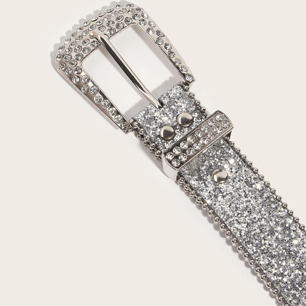 Bling Bling Sparkling Rhinestone Studded Western Metal [Lamerry] Belt, Belt, Buckle, 115cm, Men's & Women's (Silver)