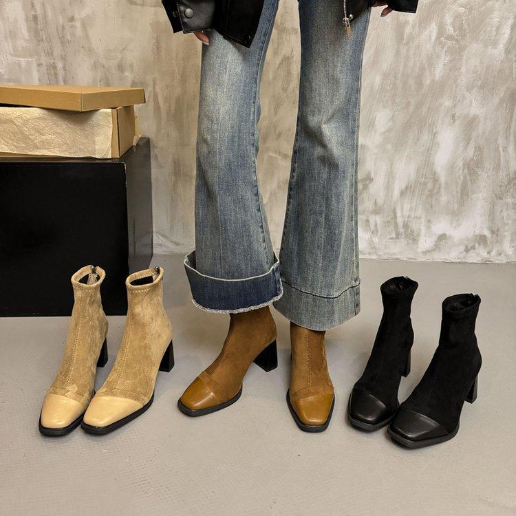 Thick Heel Short Boots Women's 2025 New Autumn and Winter Women's Boots Square Head Short Boots High Heel Martin Boots Zipper Thin Boots