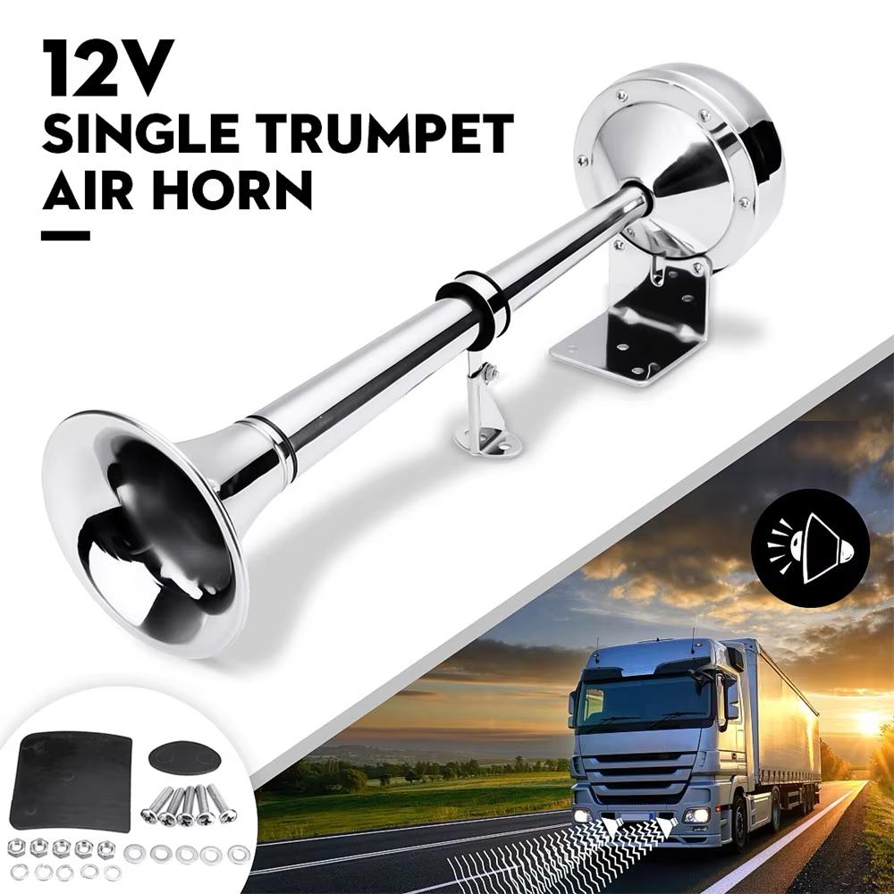 17 Inch 12V 150db Super Loud Trumpet Air Horn Polished Stainless Steel Single Trumpet Horn Mounting Kit Low Tone for Marine Boat