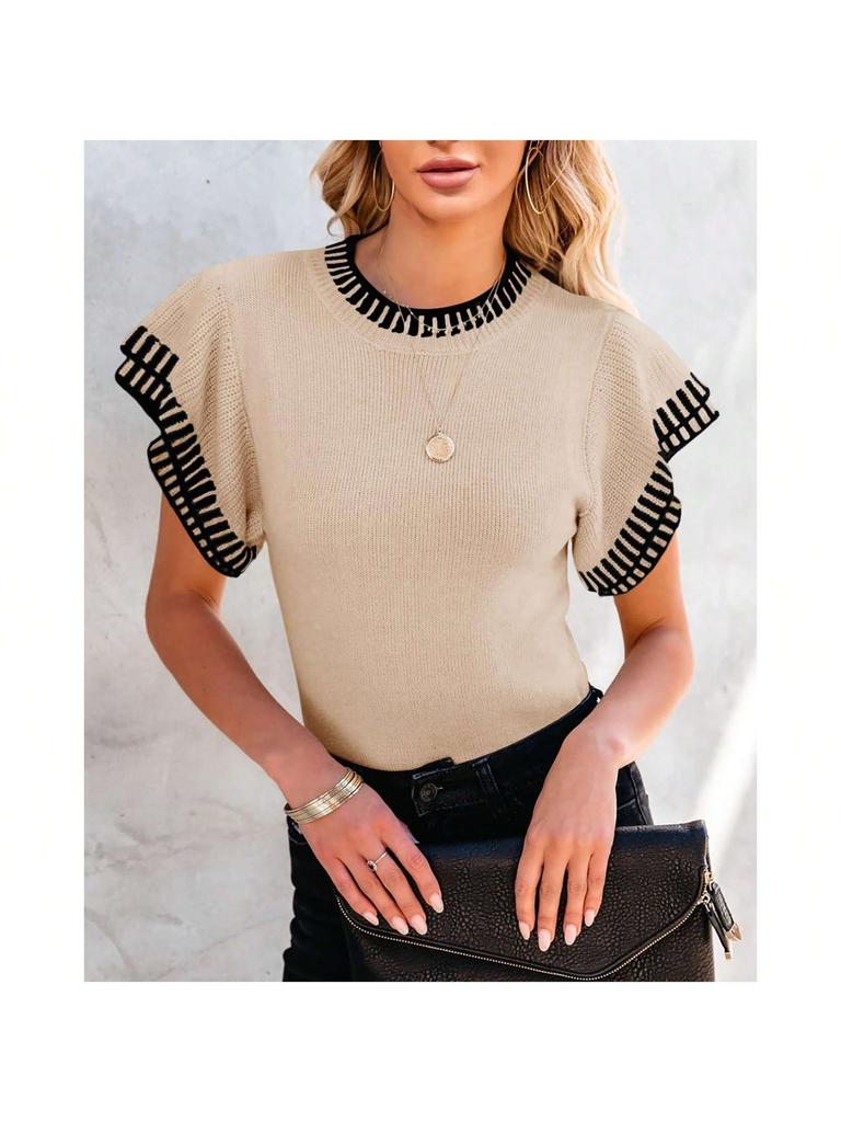 Women's Striped Ruffle Short Sleeve Knit Sweater Crew Neck Loose Summer Top