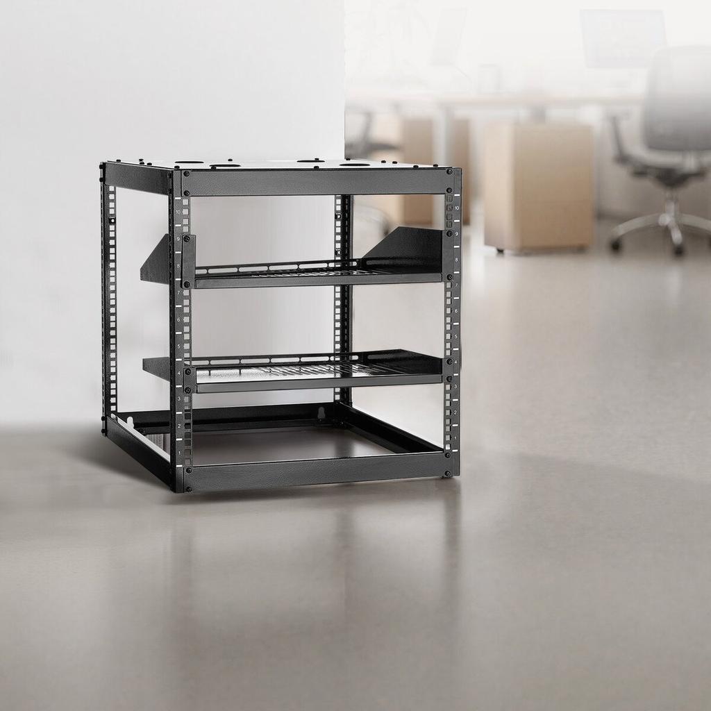 10U Open Frame Network Rack, 585 mm Depth, Wall Mounted or Floor Standing Server Rack, Heavy Duty 4 Post, with Vented Shelves & Mounting Hardware,