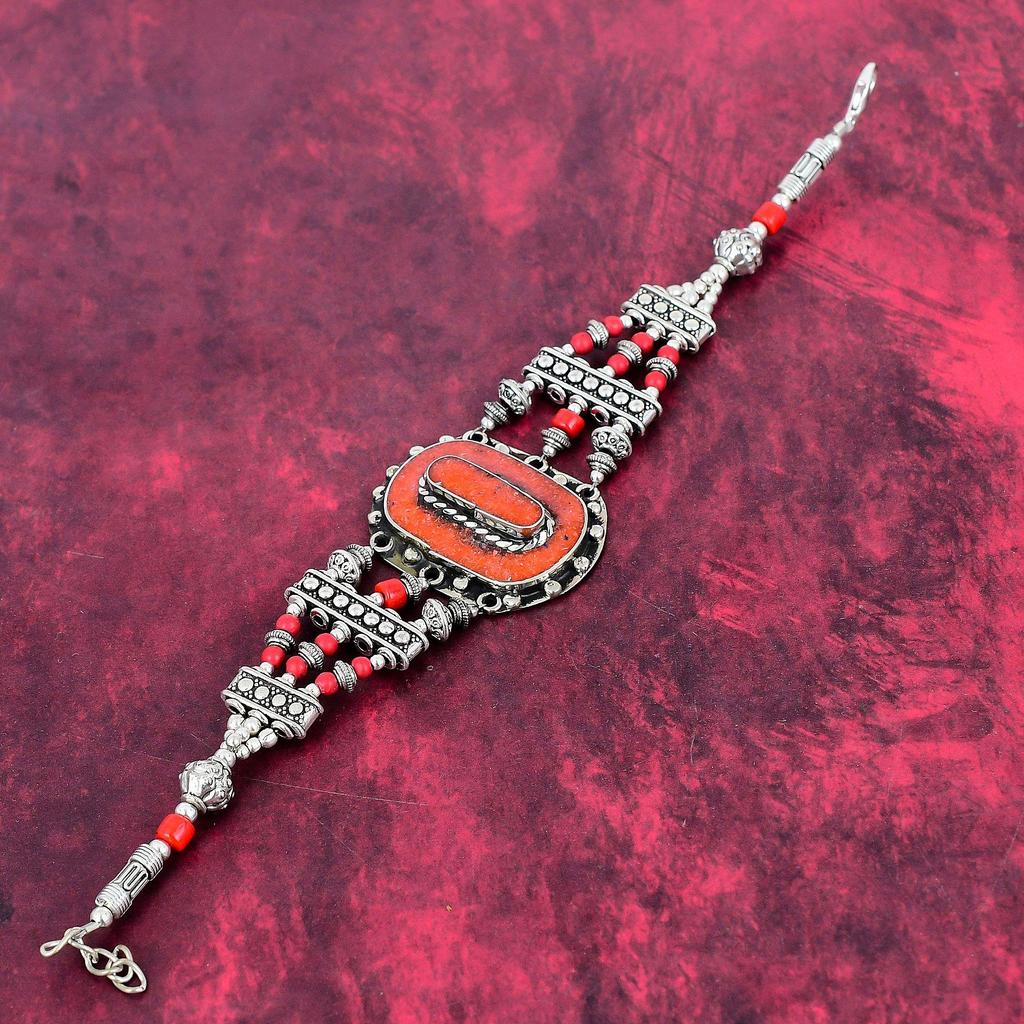 Koralle Handgefertigtes Edelsteinarmband, 925 Massiv Sterlingsilber Antikschmuck Armband, Für Verlobungsgeschenk