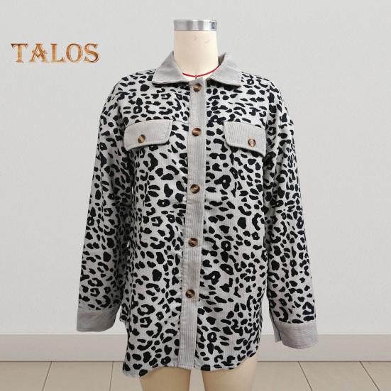 Women Spring Fall Coat Fake Chest Pocket Turn-down Collar Single-breasted Leopard Print Long Sleeves Mid Length Daily Wear Jacket
